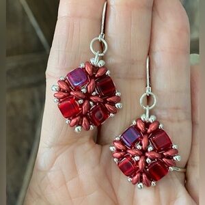Handmade Unique Red & Silver Czech Glass Bead Earrings